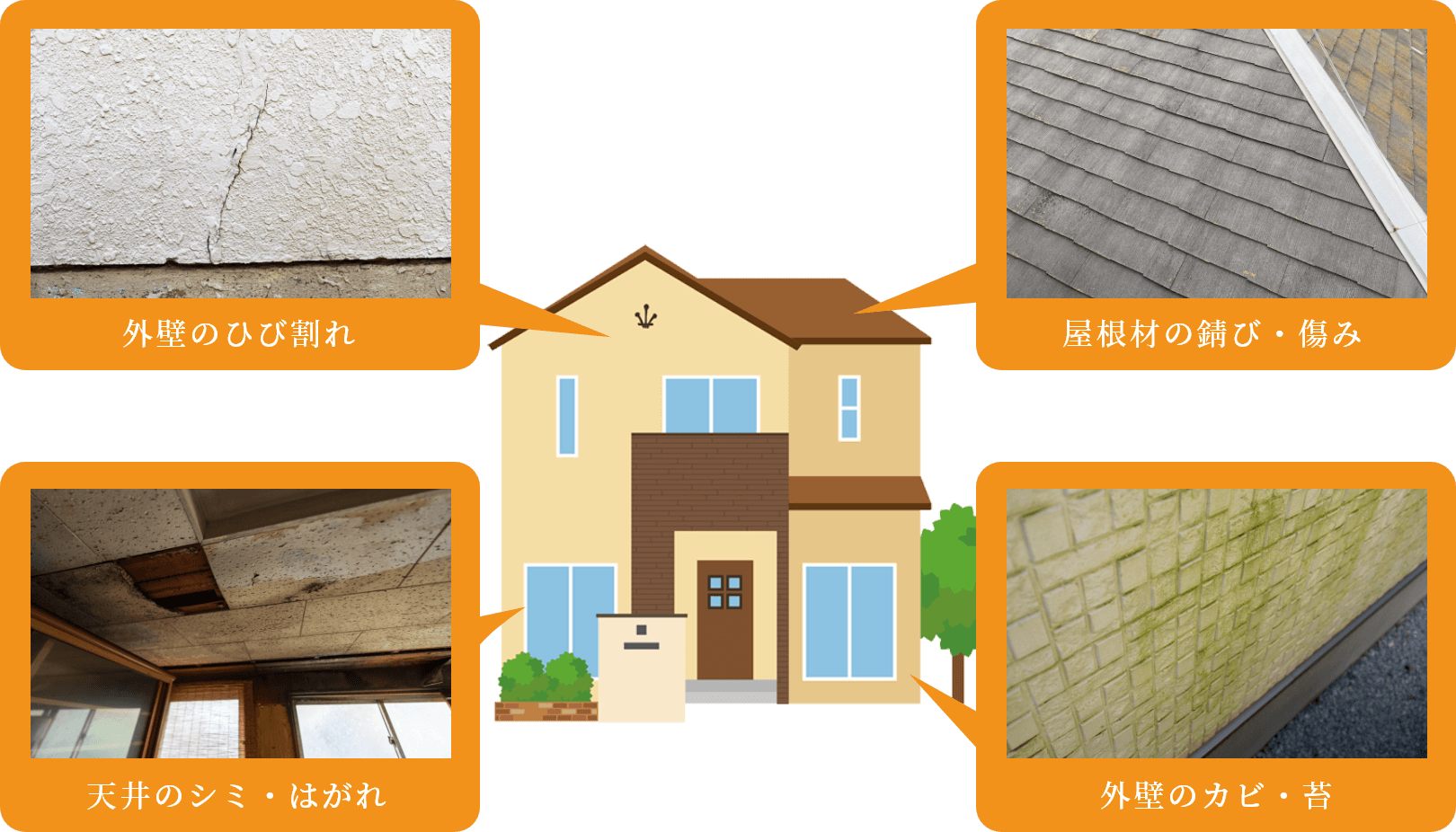 外壁のひび割れ 天井のシミ・はがれ 屋根材の錆び・傷み 外壁のカビ・苔